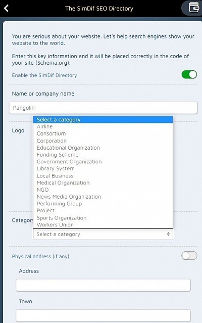 The SimDif SEO Directory lets you choose and insert metadata to explain basic details of your business to search engines.